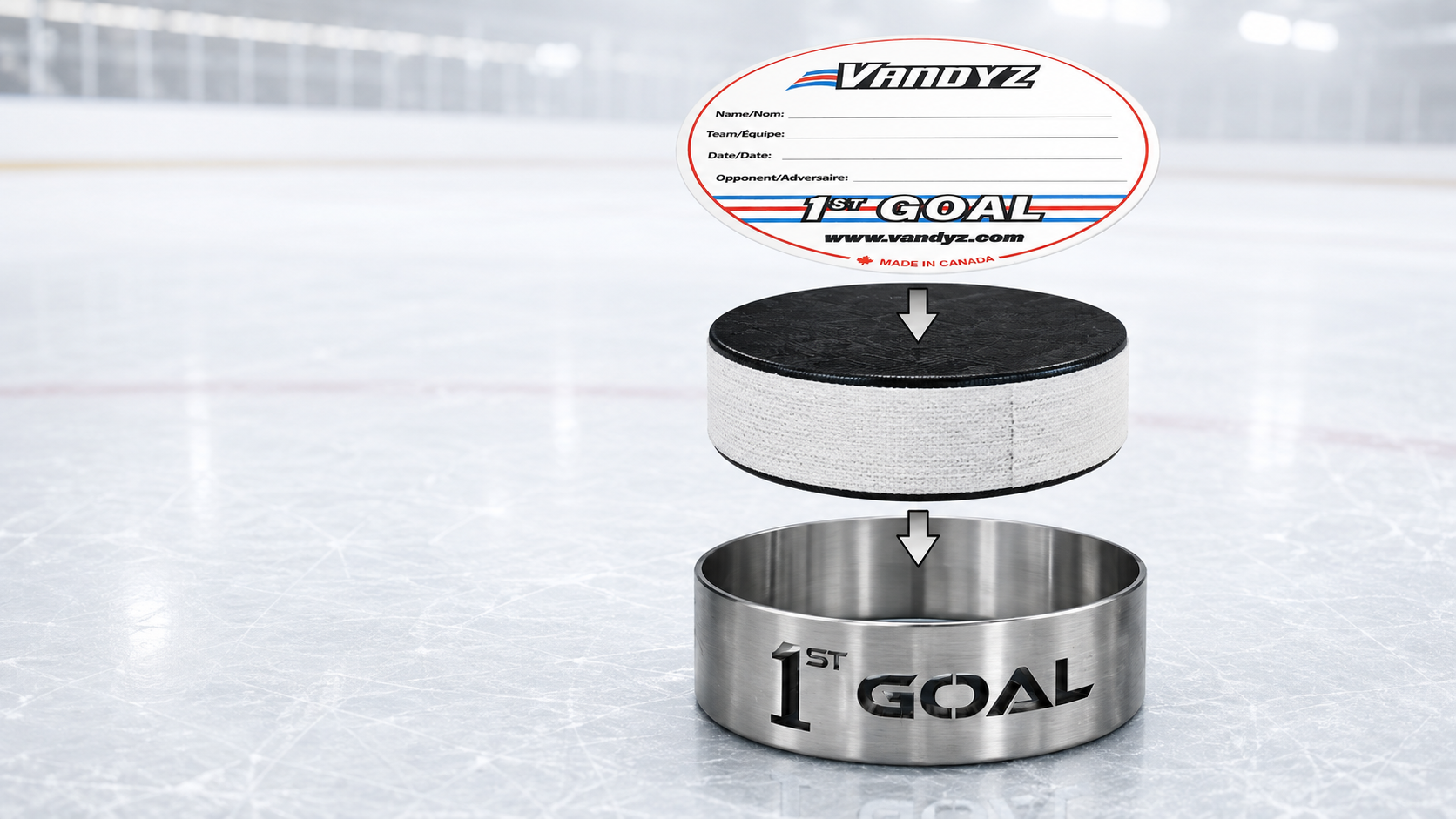 Exploded assembly view showing the Vandyz first-goal decal, hockey puck and stainless-steel Puck Ring