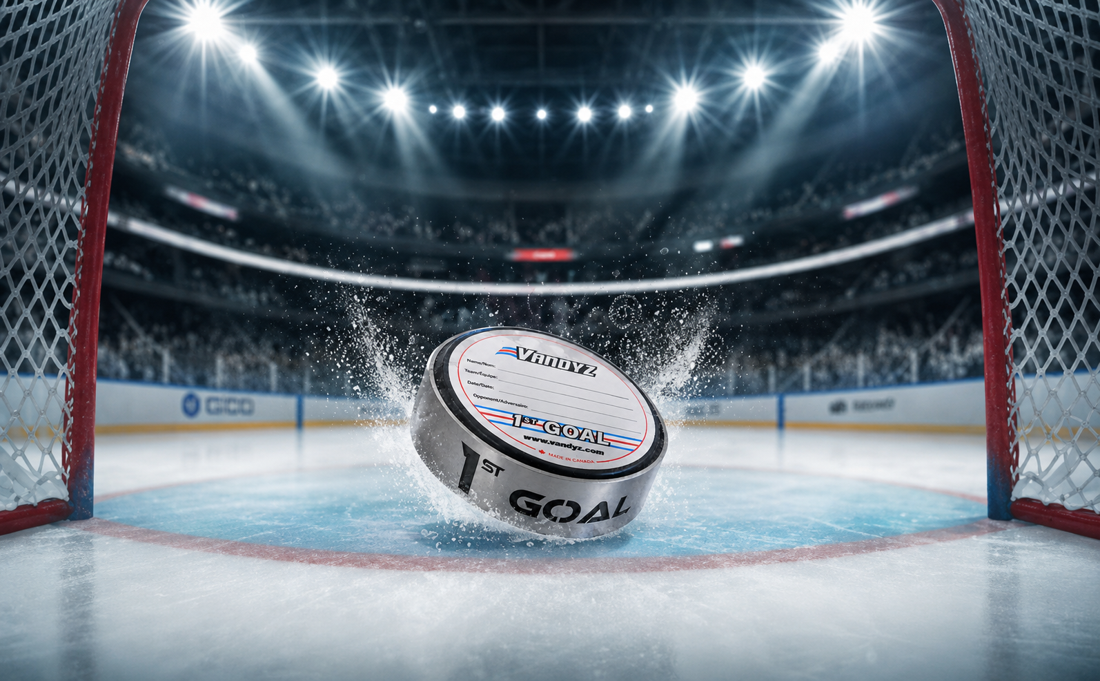 Vandyz first-goal puck in its stainless-steel Puck Ring sliding through ice spray inside a hockey net